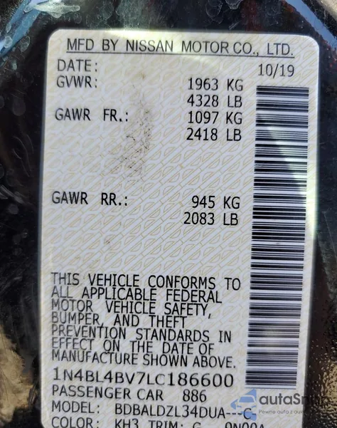 2020 Nissan Altima S from USA, damaged, VIN 1N4BL4BV7LC186600